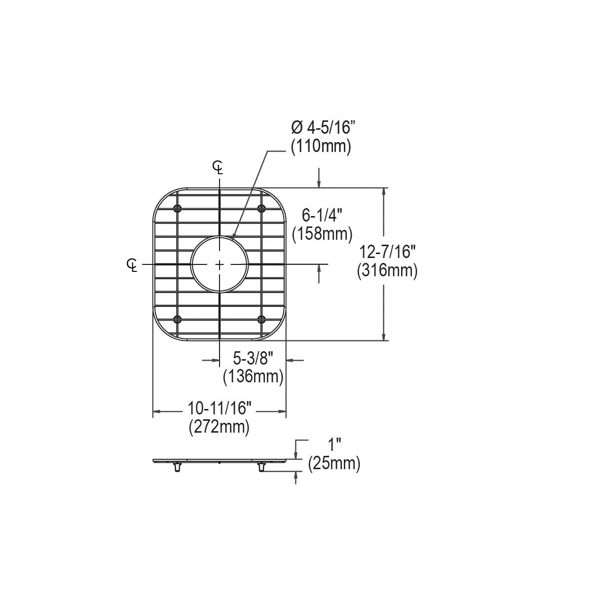 Stainless steel sink bottom grid with rectangular shape, grid pattern, and circular drain opening, shown from top and side vi