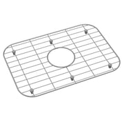 Stainless steel sink grid with rectangular shape, grid pattern, central circular opening, and corner feet.