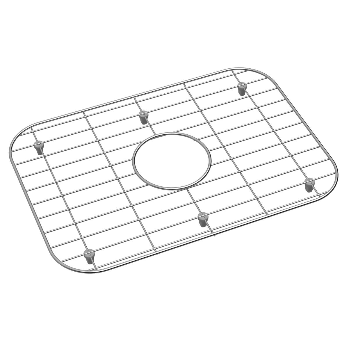 Stainless steel sink grid with rectangular shape, grid pattern, central circular opening, and corner feet.
