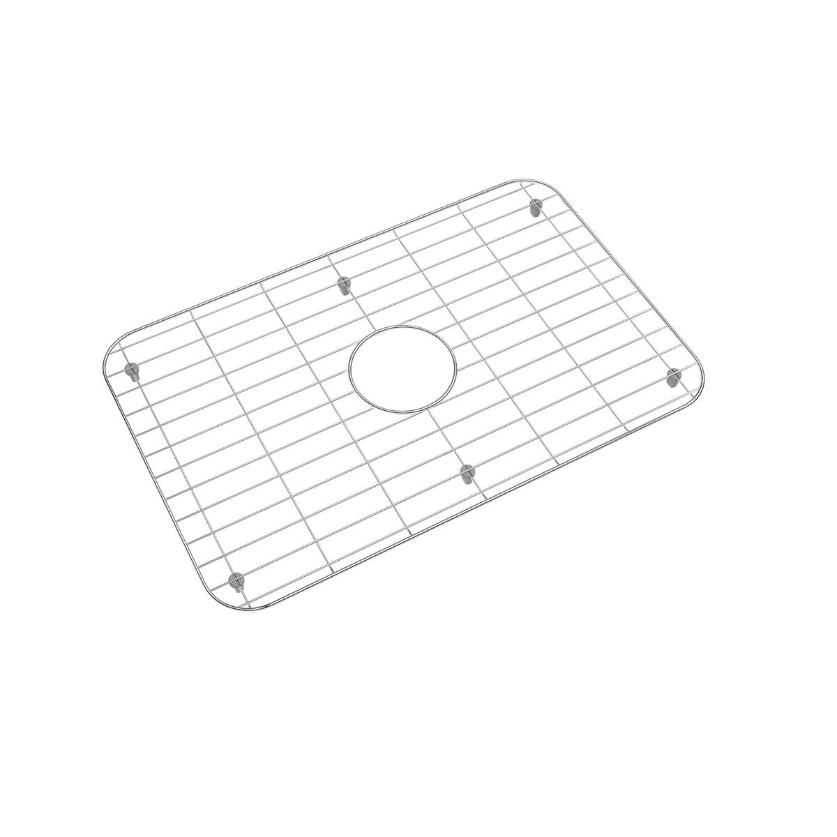 Stainless steel sink grid with rectangular wire mesh pattern and center drain opening, secured by corner posts.