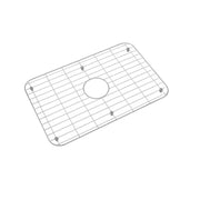 Stainless steel sink grid with rectangular wire mesh pattern and center drain opening, secured by corner posts.