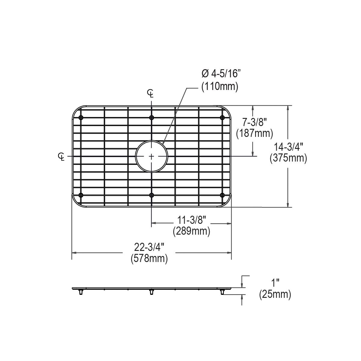 Stainless steel sink grid with rectangular crosshatch pattern and center drain opening, shown in top and side views with meas
