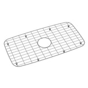 Stainless steel sink bottom grid with square mesh pattern and center drain hole opening.