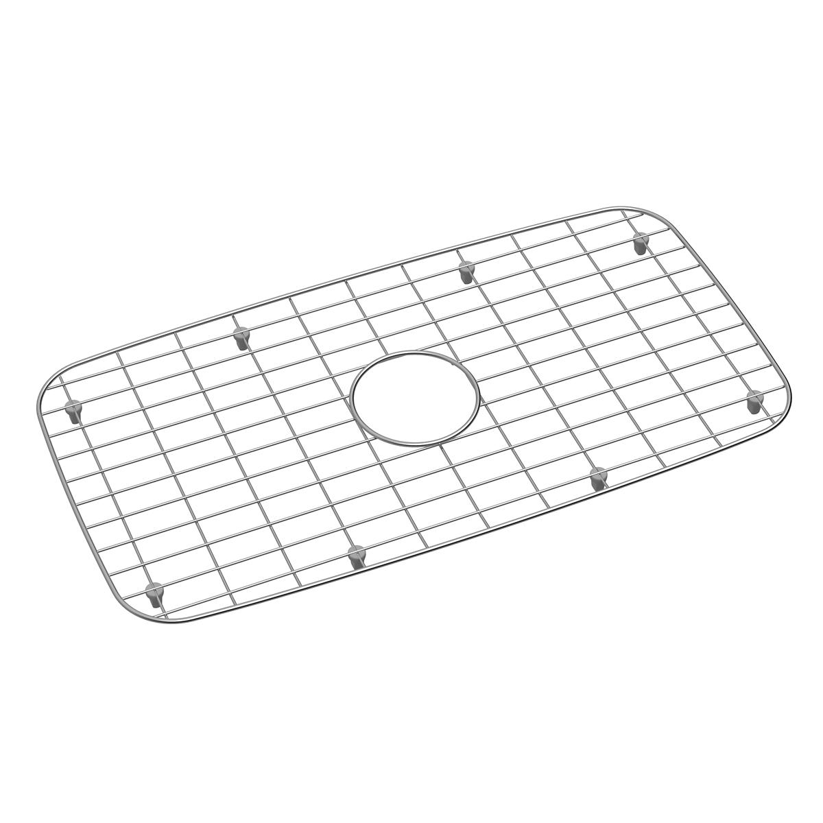 Stainless steel sink bottom grid with square mesh pattern and center drain hole opening.