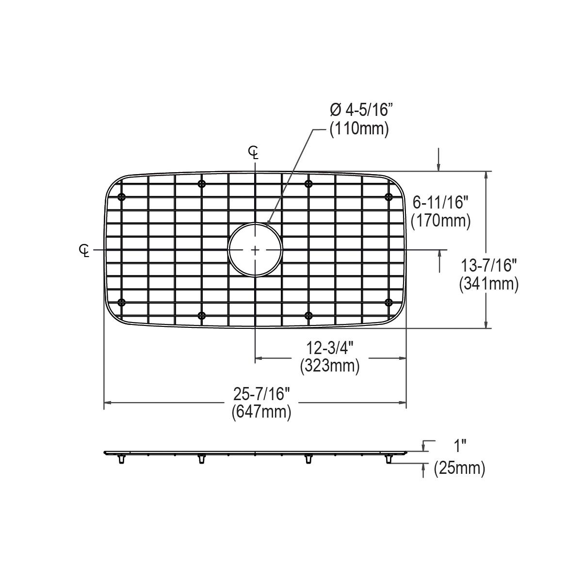 Stainless steel sink bottom grid with rectangular mesh pattern and center drain hole, dimensions shown.