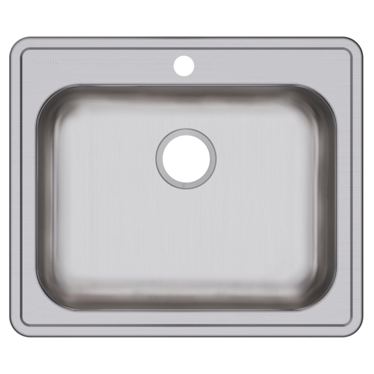 Stainless steel drop-in sink with single bowl, one faucet hole, and rounded corners, shown from above.