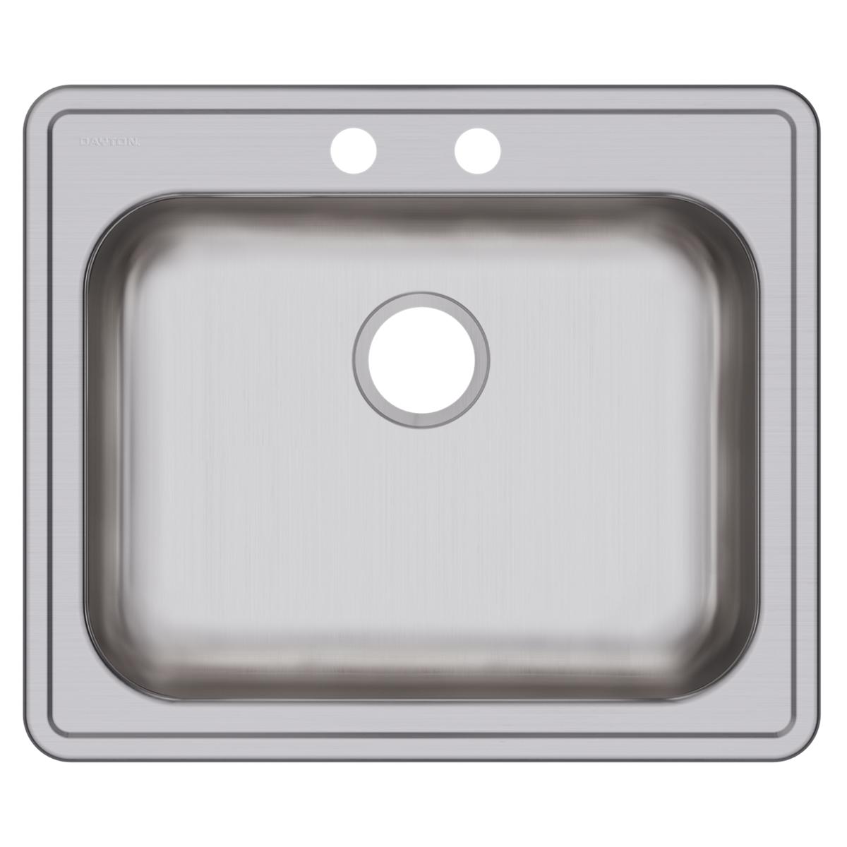 Stainless steel drop-in sink with single rounded bowl and two pre-drilled holes on rim for faucet installation.