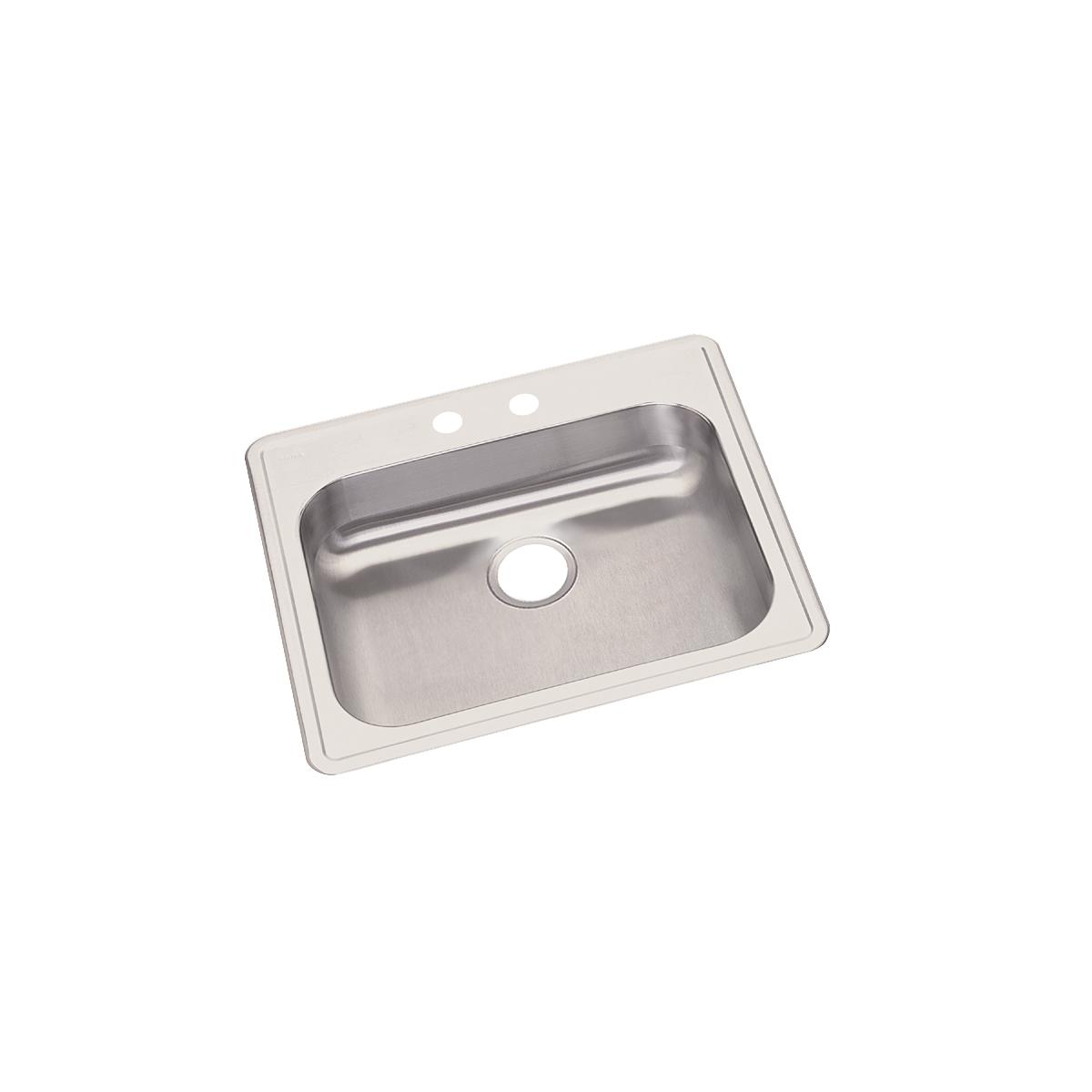 Stainless steel drop-in sink with single bowl basin and two pre-drilled holes on the rim.