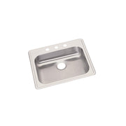 Stainless steel drop-in sink with single bowl, drain hole, and three faucet holes along the rim.