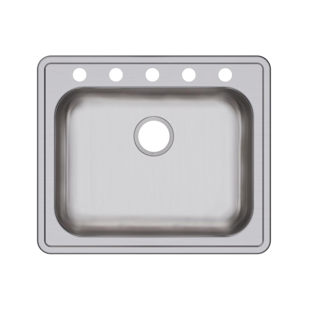 Stainless steel single bowl drop-in sink with five mounting holes along the rim and center drain opening.