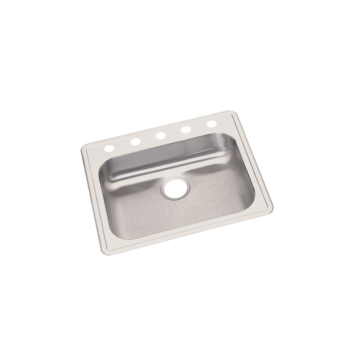 Stainless steel drop-in sink with single bowl and five mounting holes along the rim.