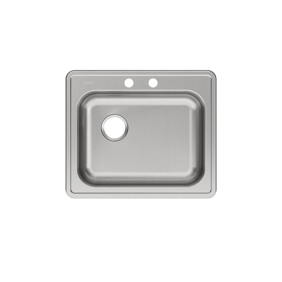 Stainless steel drop-in sink with single bowl, left drain, and two faucet holes on rim.