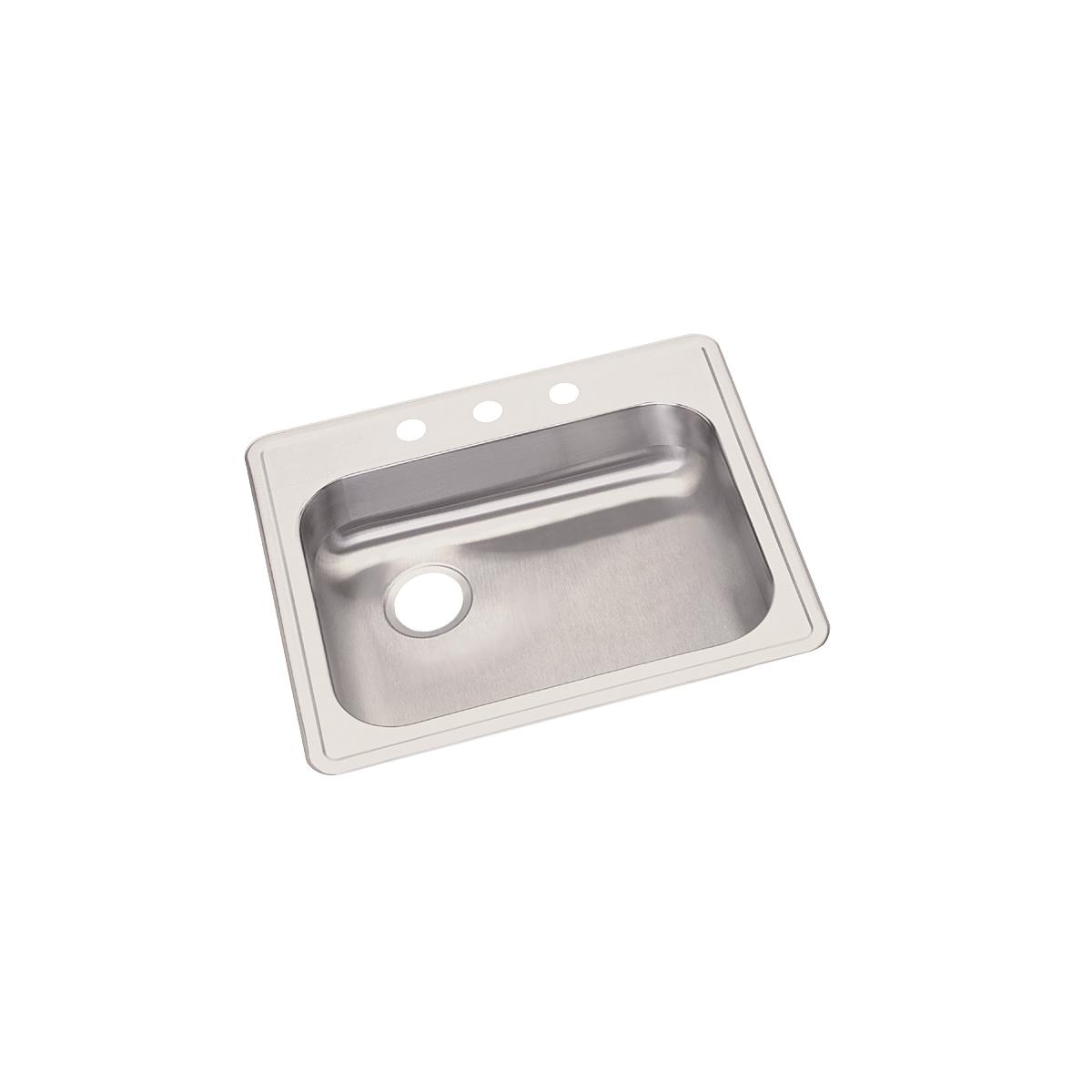 Stainless steel drop-in sink with single bowl, drain on left side, and two faucet holes on rim.