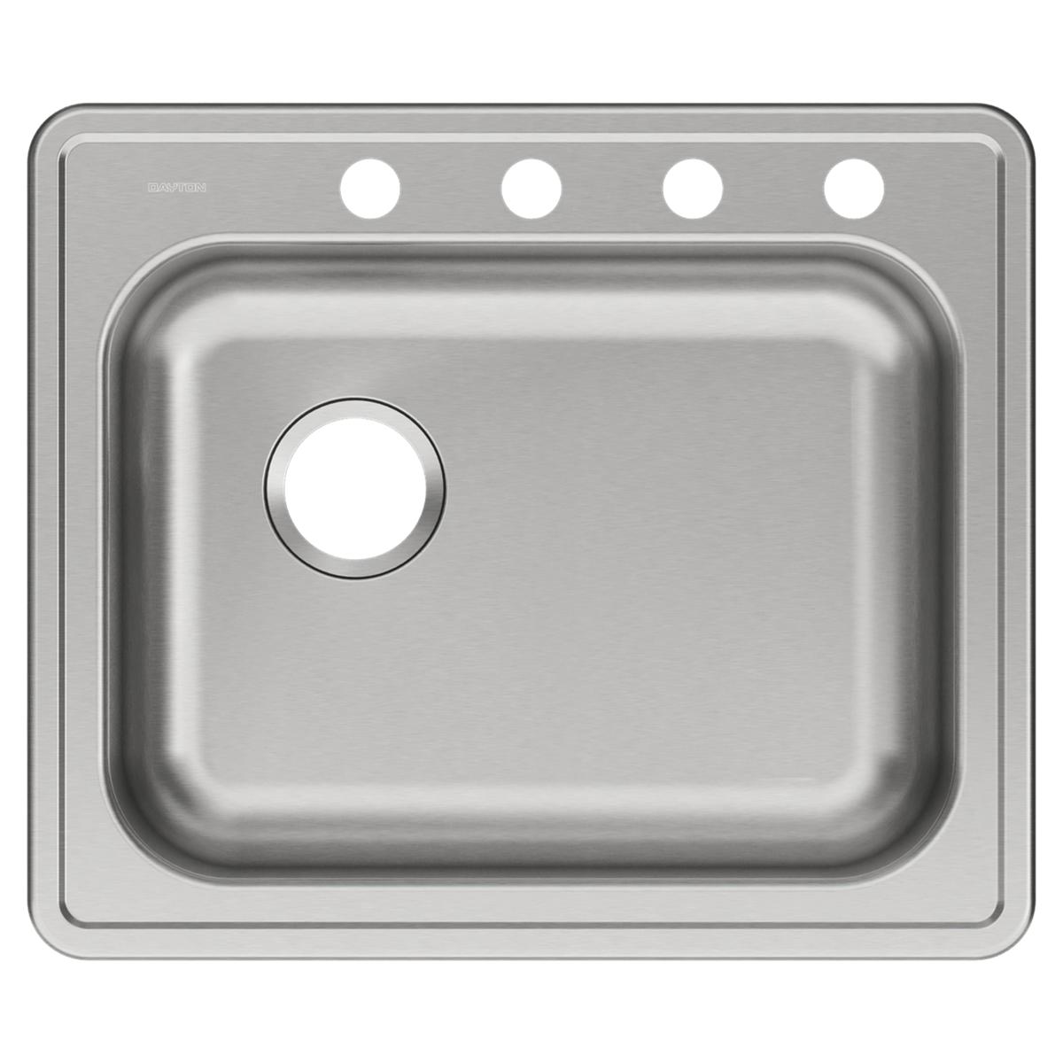 Stainless steel drop-in sink with single bowl, left drain, and four mounting holes along top rim.