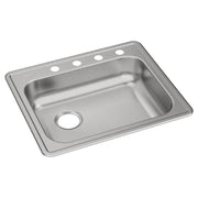 Stainless steel drop-in sink with single bowl, left drain opening, and four pre-drilled holes along the rim.