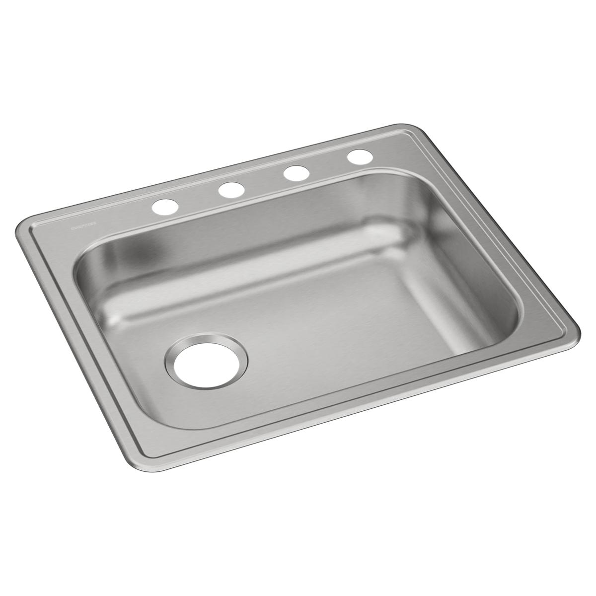 Stainless steel drop-in sink with single bowl, left drain opening, and four pre-drilled holes along the rim.