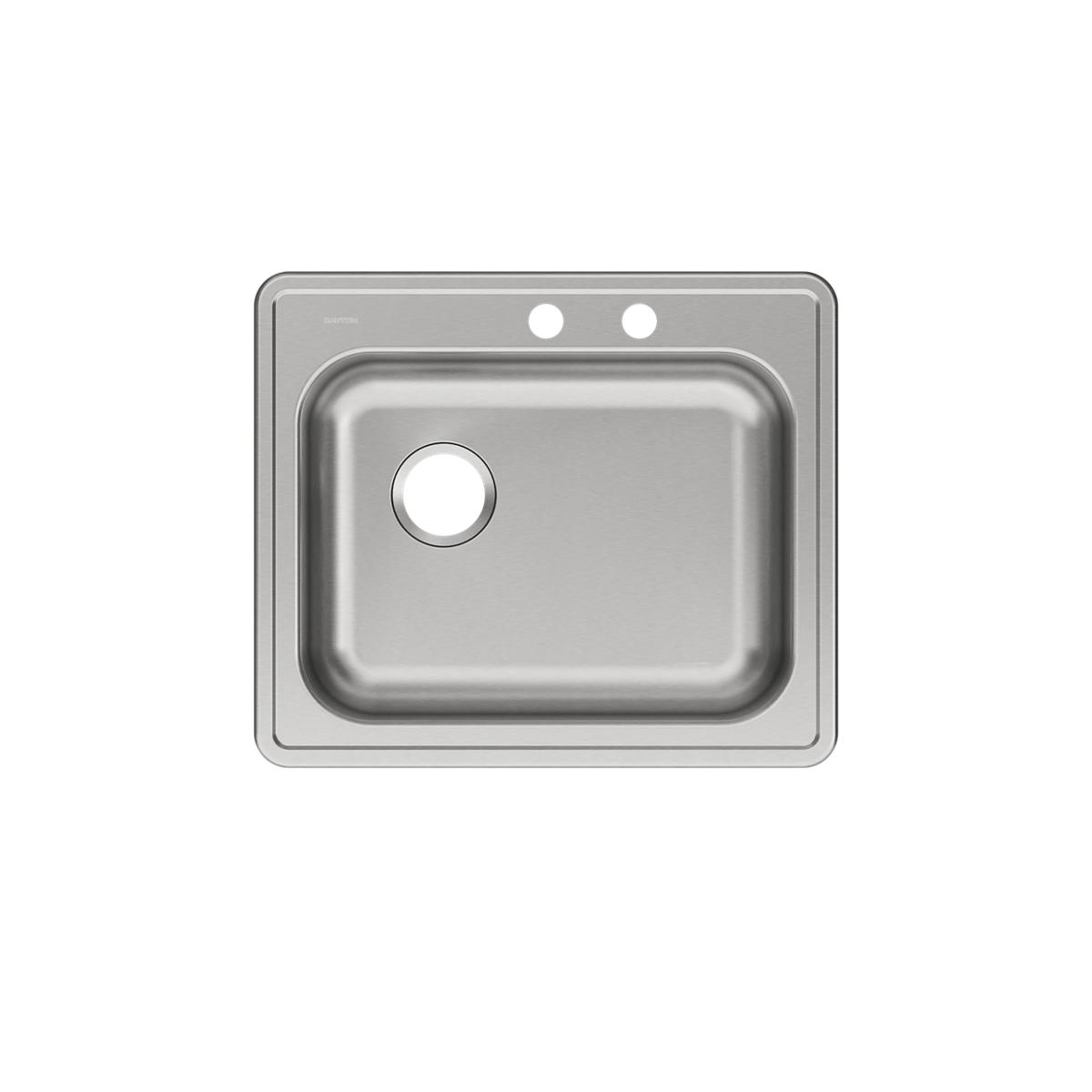 Stainless steel drop-in sink with single bowl, left drain hole, and two faucet holes on rim.