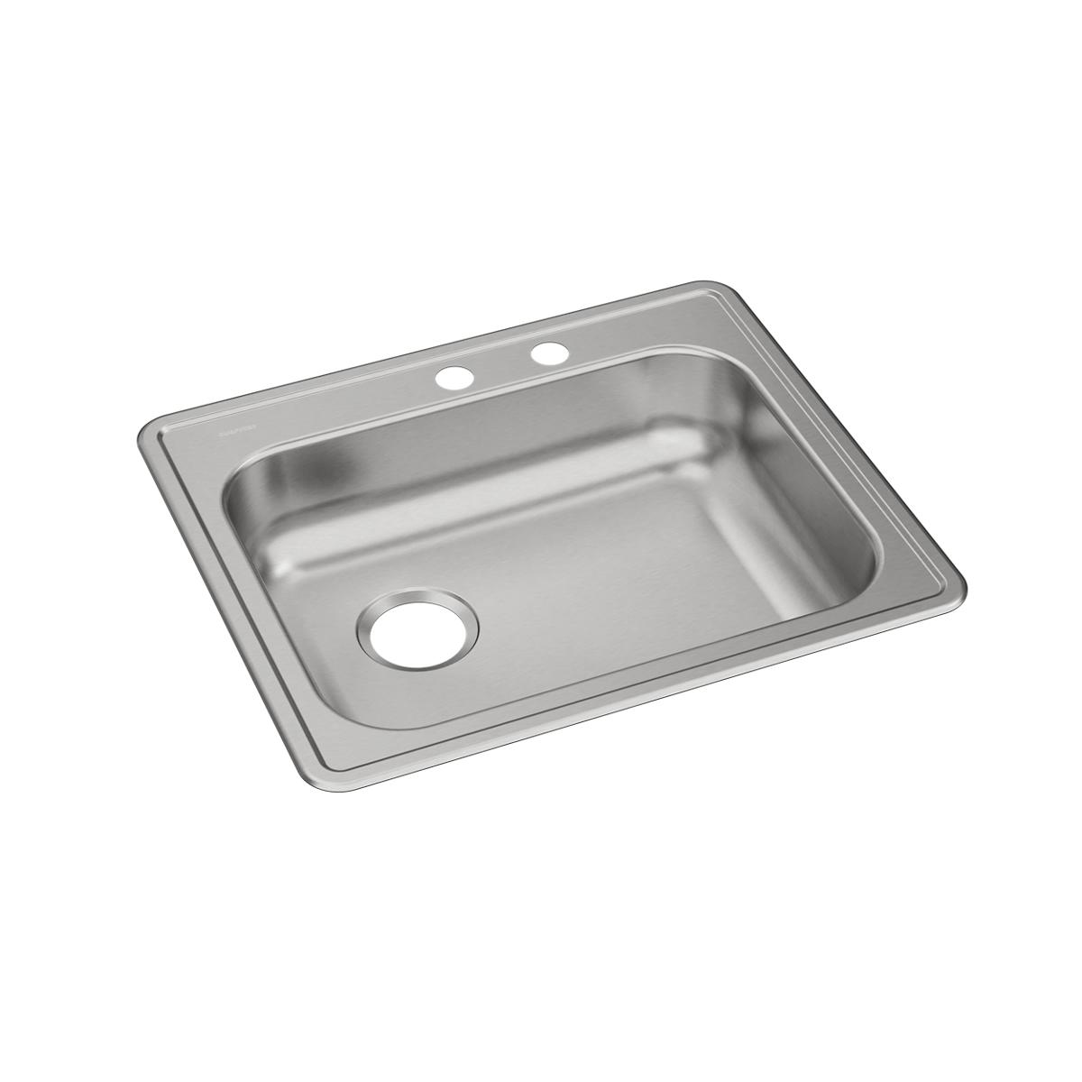 Stainless steel single bowl drop-in sink with two faucet holes and left drain opening.