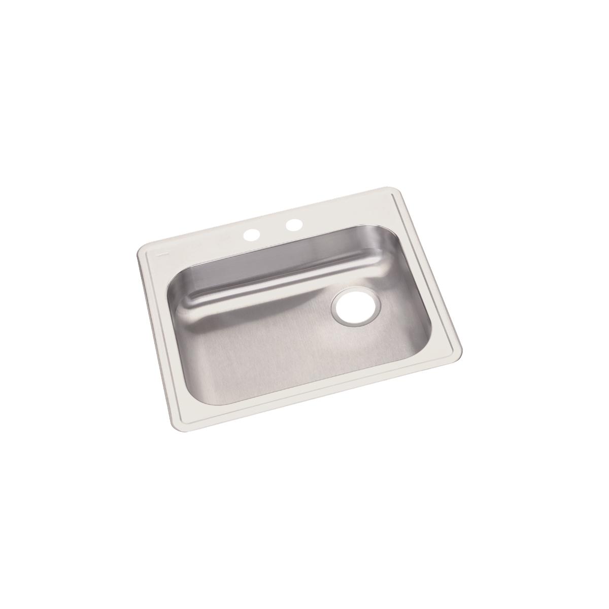 Stainless steel drop-in sink with single bowl, two faucet holes, and right-side drain opening.