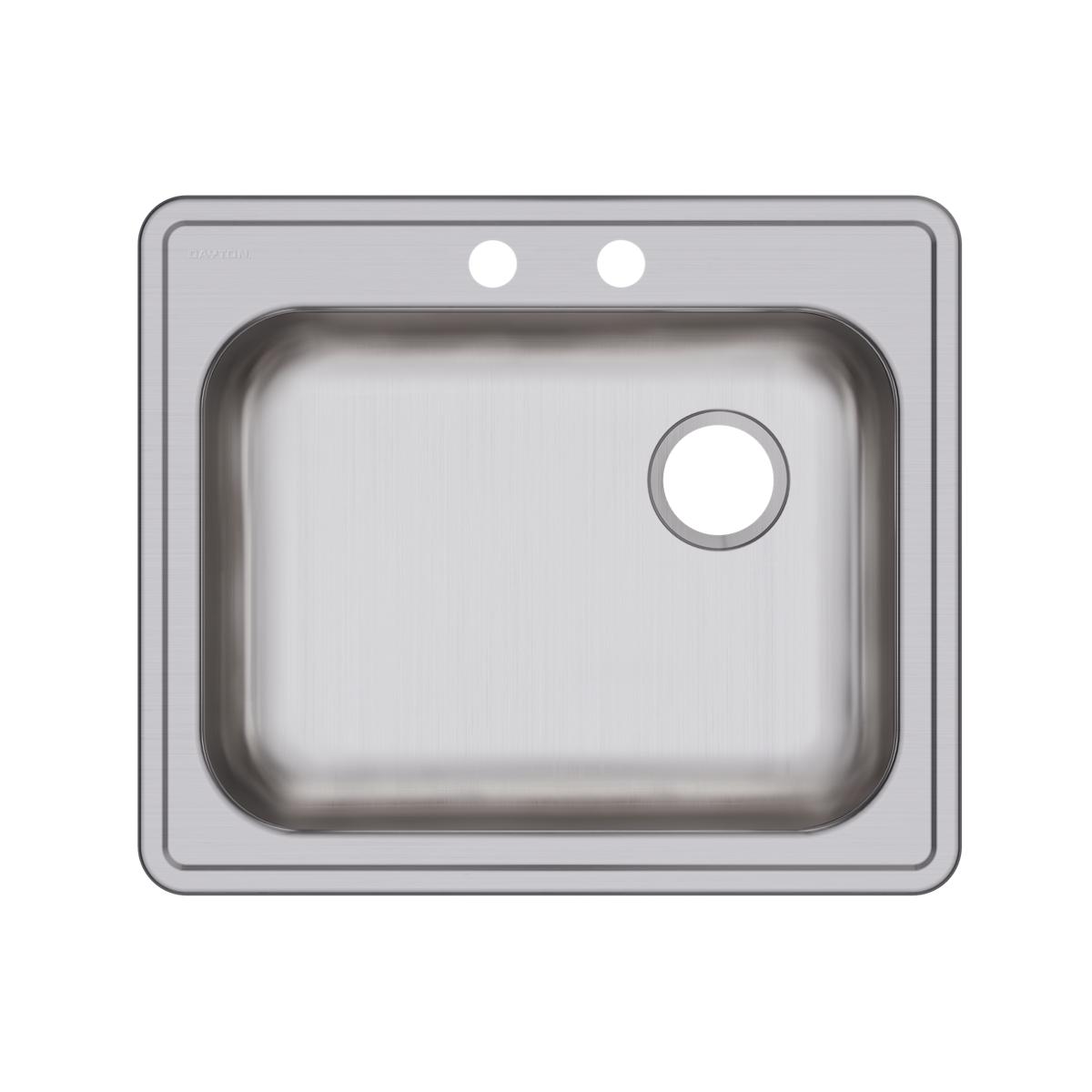 Stainless steel drop-in sink with single bowl, two faucet holes, and right-side drain opening.