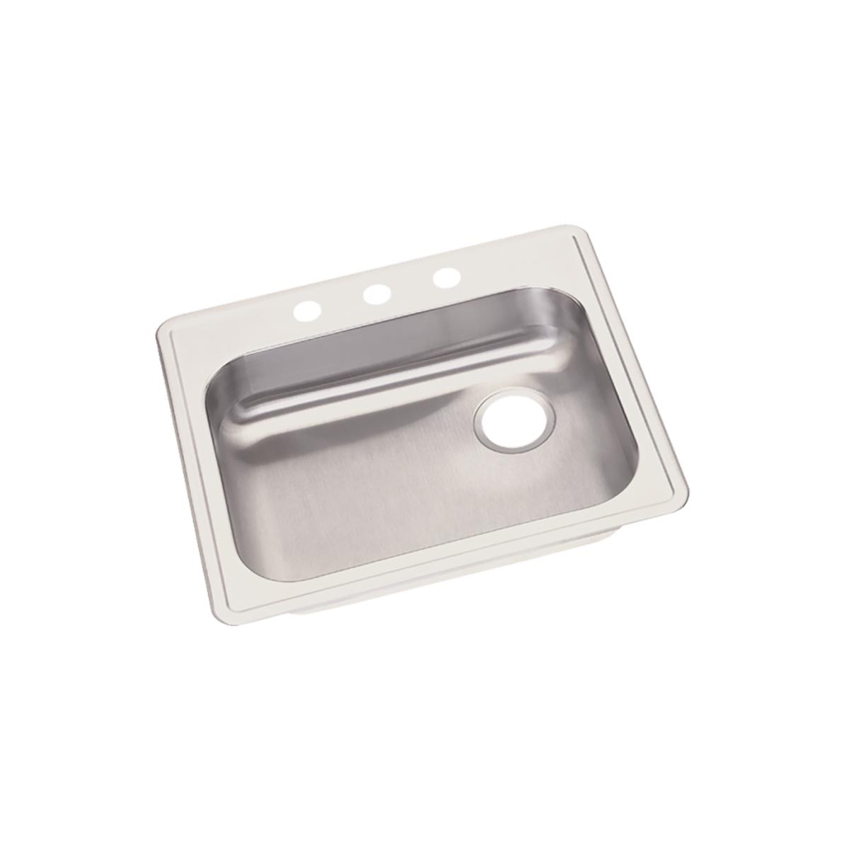 Stainless steel drop-in sink with single bowl, right drain, and three holes on rim for faucet mounting.