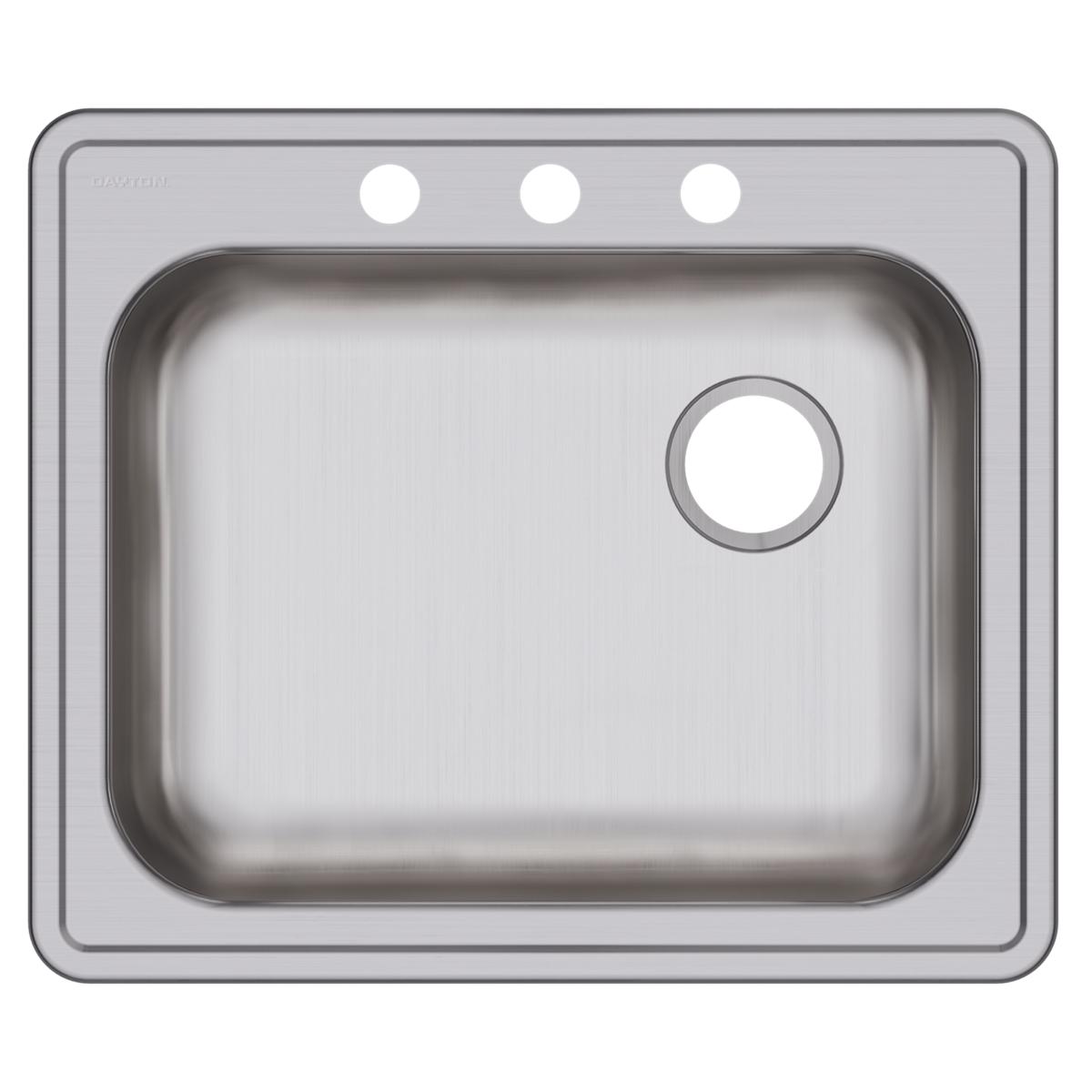 Stainless steel drop-in sink with single bowl, three mounting holes, and drain opening on right side.