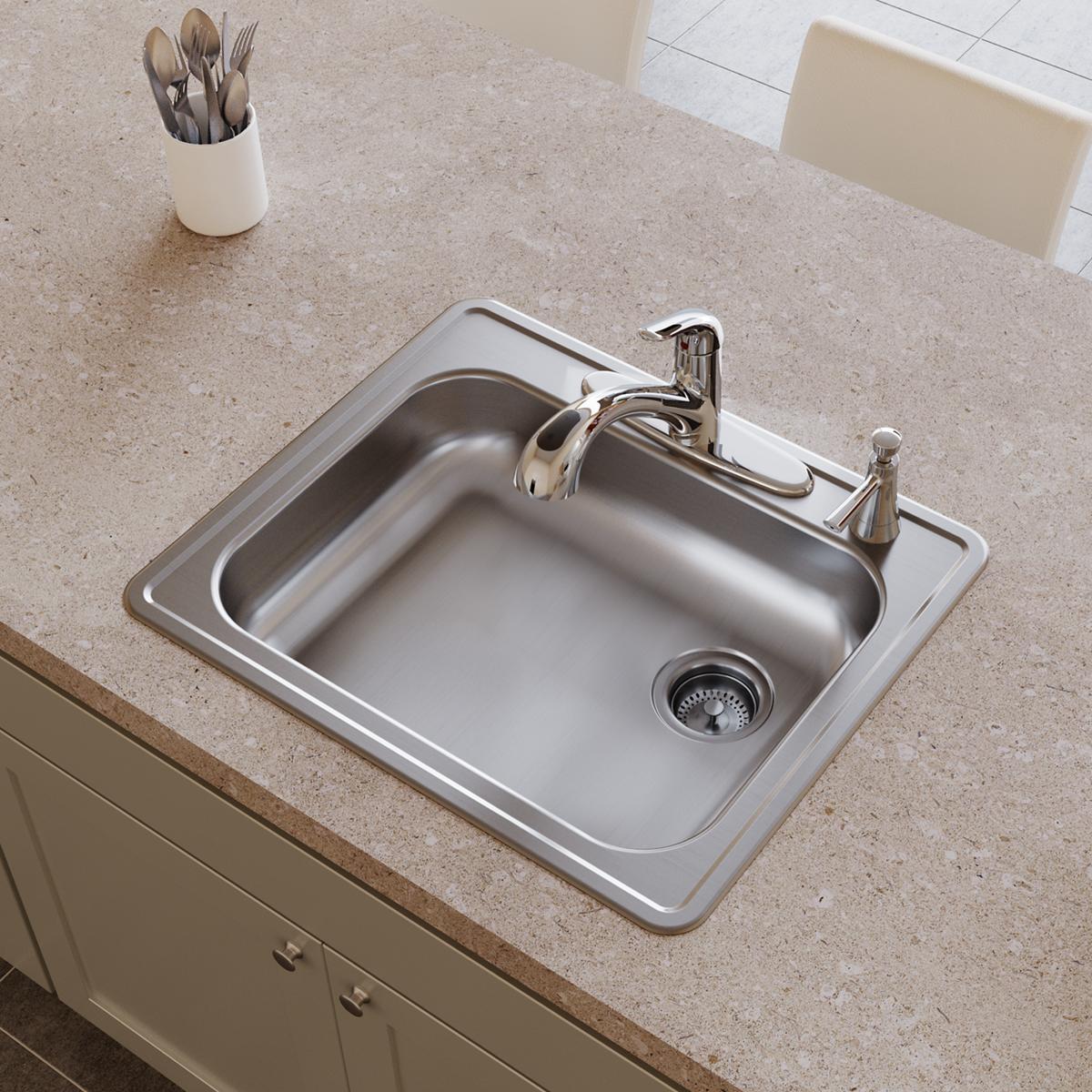 Stainless steel drop-in sink with single bowl, faucet, and right-side drain mounted in countertop.