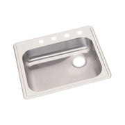 Stainless steel drop-in sink with single bowl, four mounting holes along rim, and right-side drain opening.
