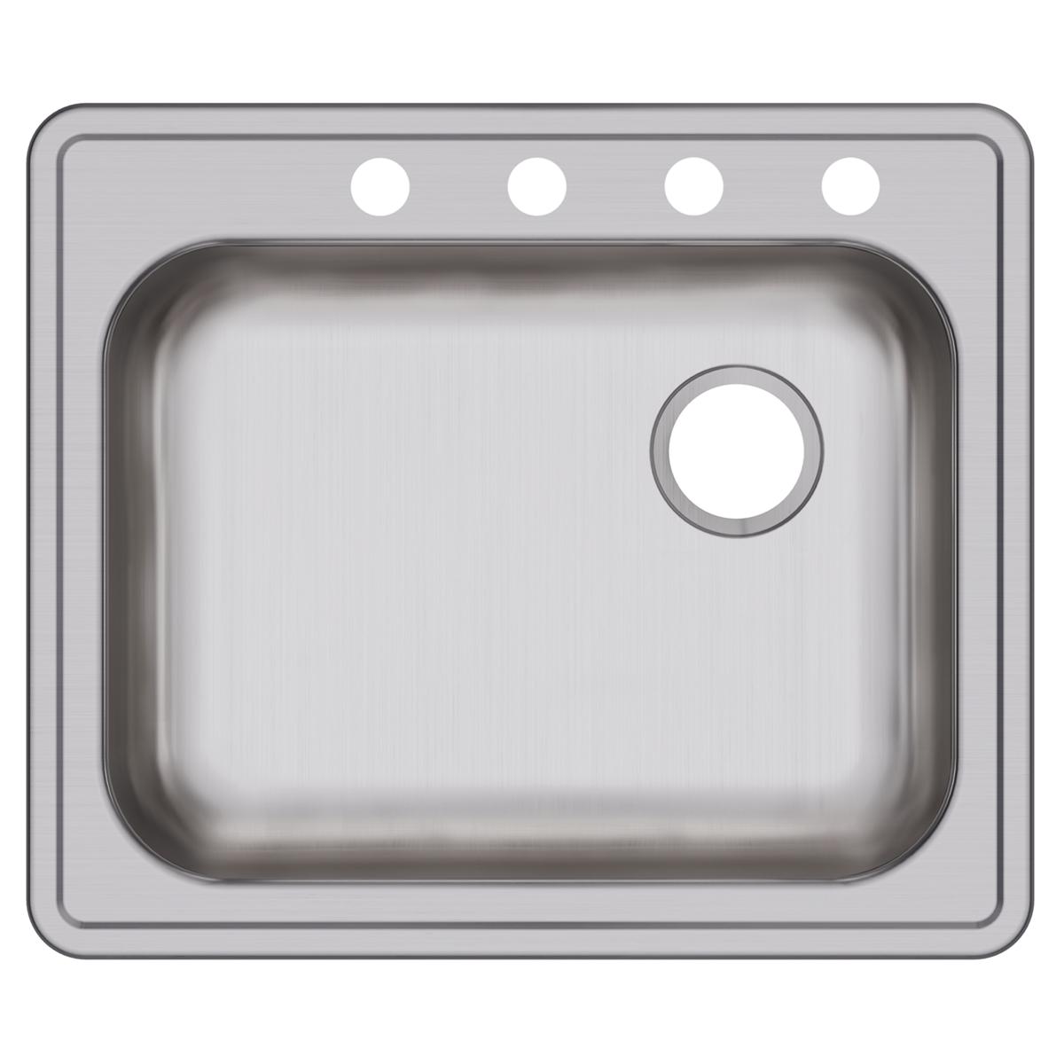 Stainless steel drop-in sink with single bowl, four mounting holes along rim, and drain opening on right side.