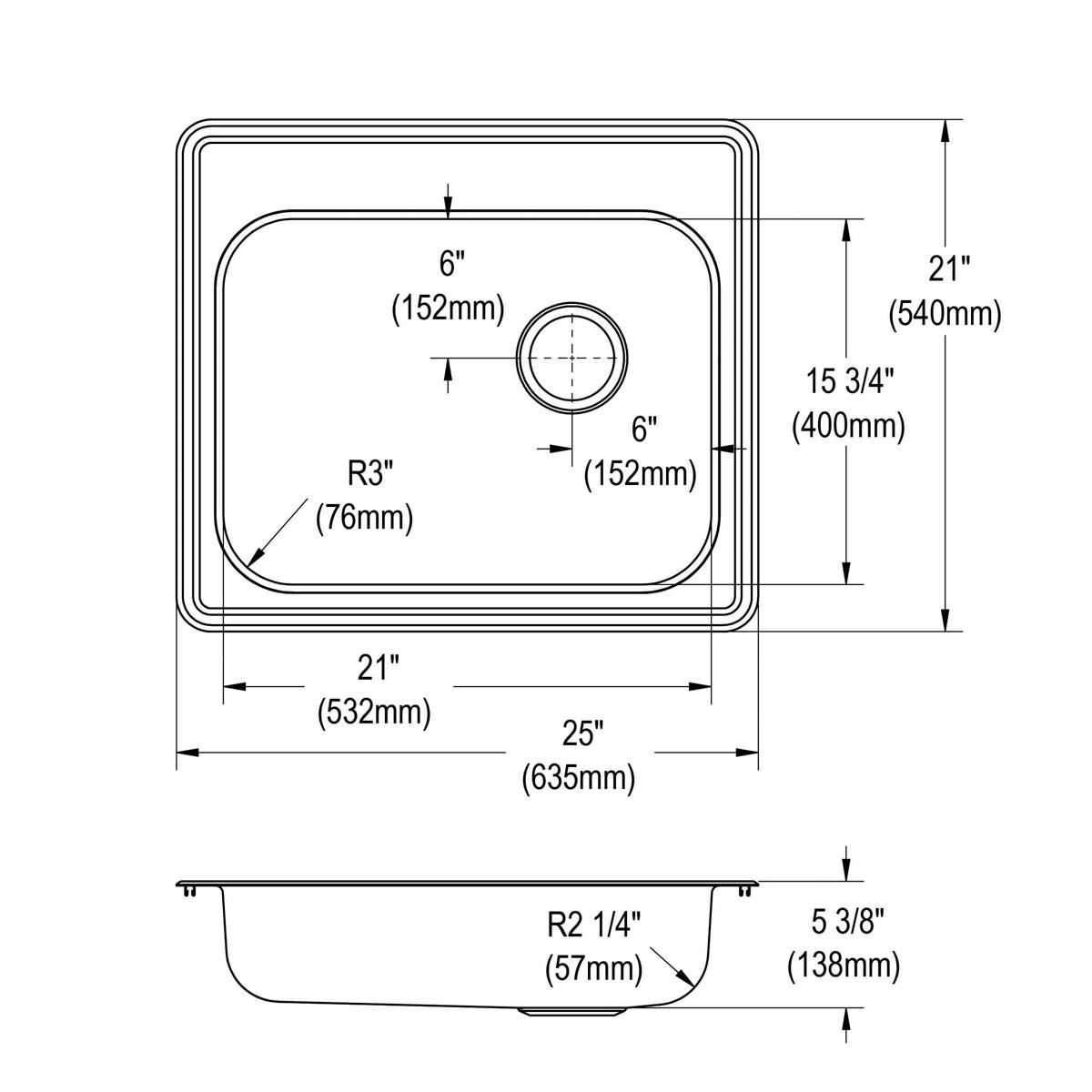 Technical drawing of stainless steel drop-in sink showing top and side views with dimensions, drain placement, and four fauce