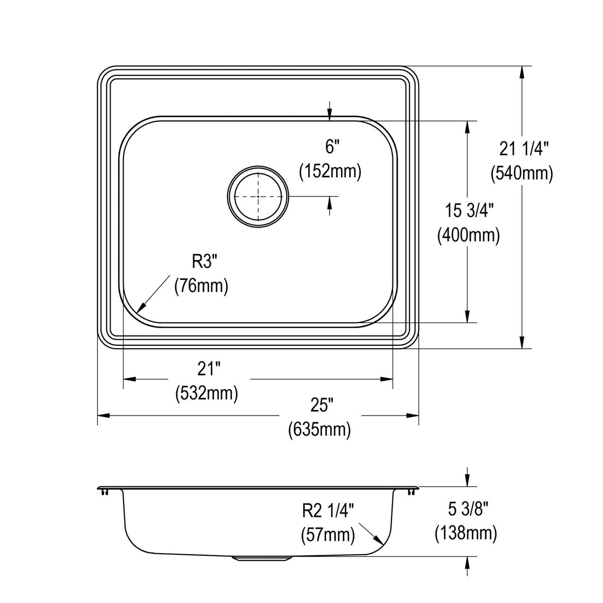 Stainless steel single bowl drop-in sink with rounded corners, one faucet hole, and dimension specifications labeled.
