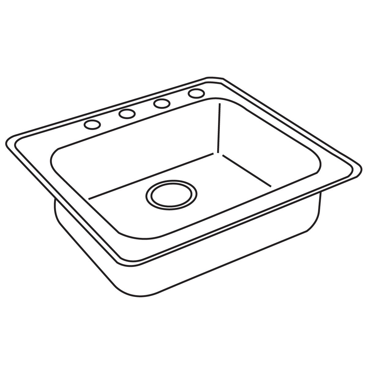 Stainless steel drop-in sink with single bowl, rounded corners, and four holes along the rim for faucet mounting.