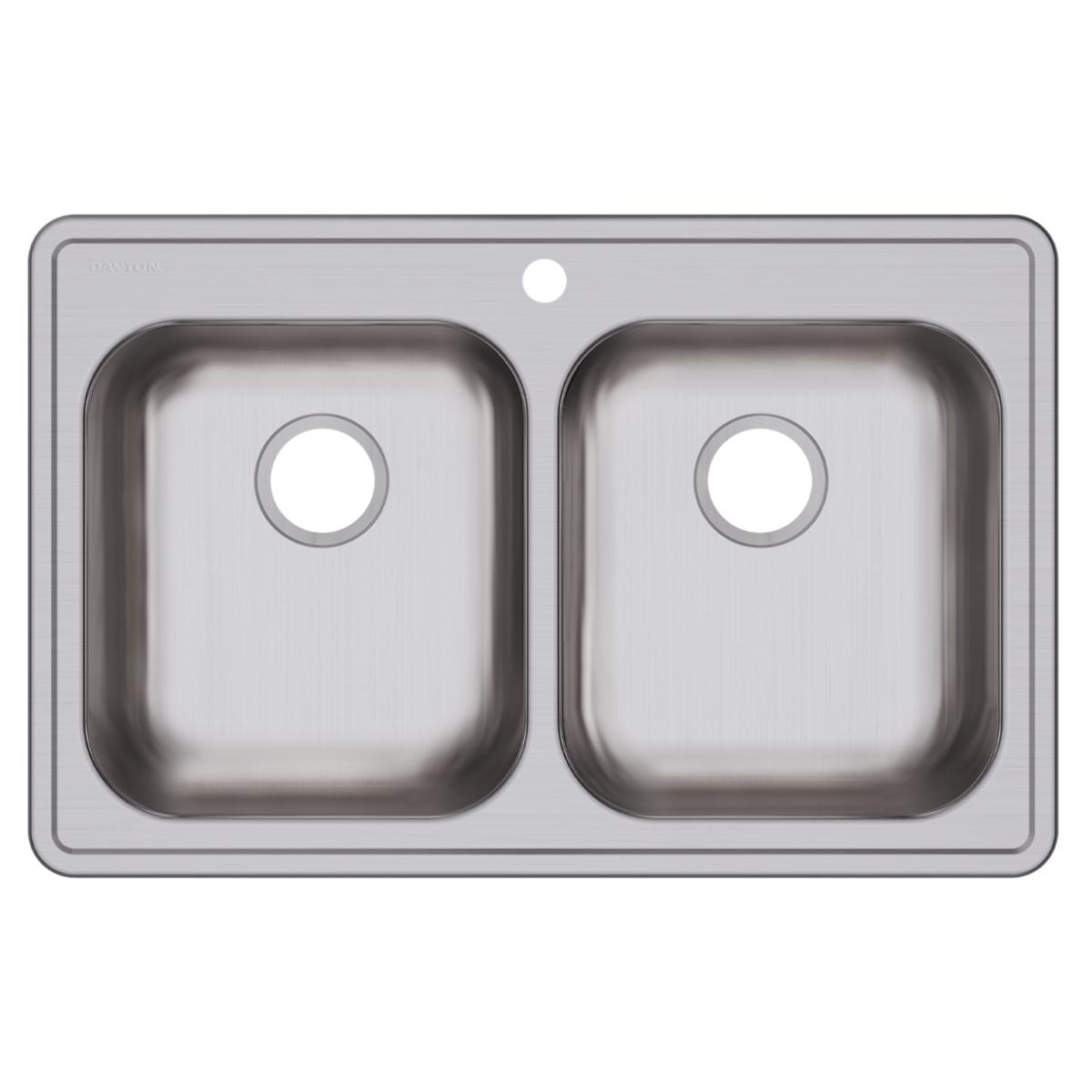 Stainless steel double bowl drop-in sink with two equal-sized basins and single faucet hole.