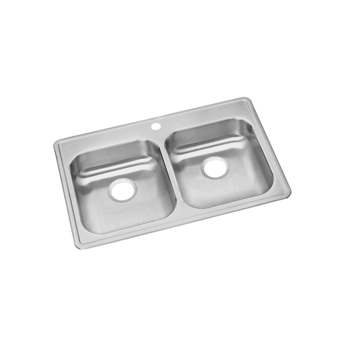 Stainless steel drop-in sink with two equal rectangular bowls and one faucet hole on the rim.