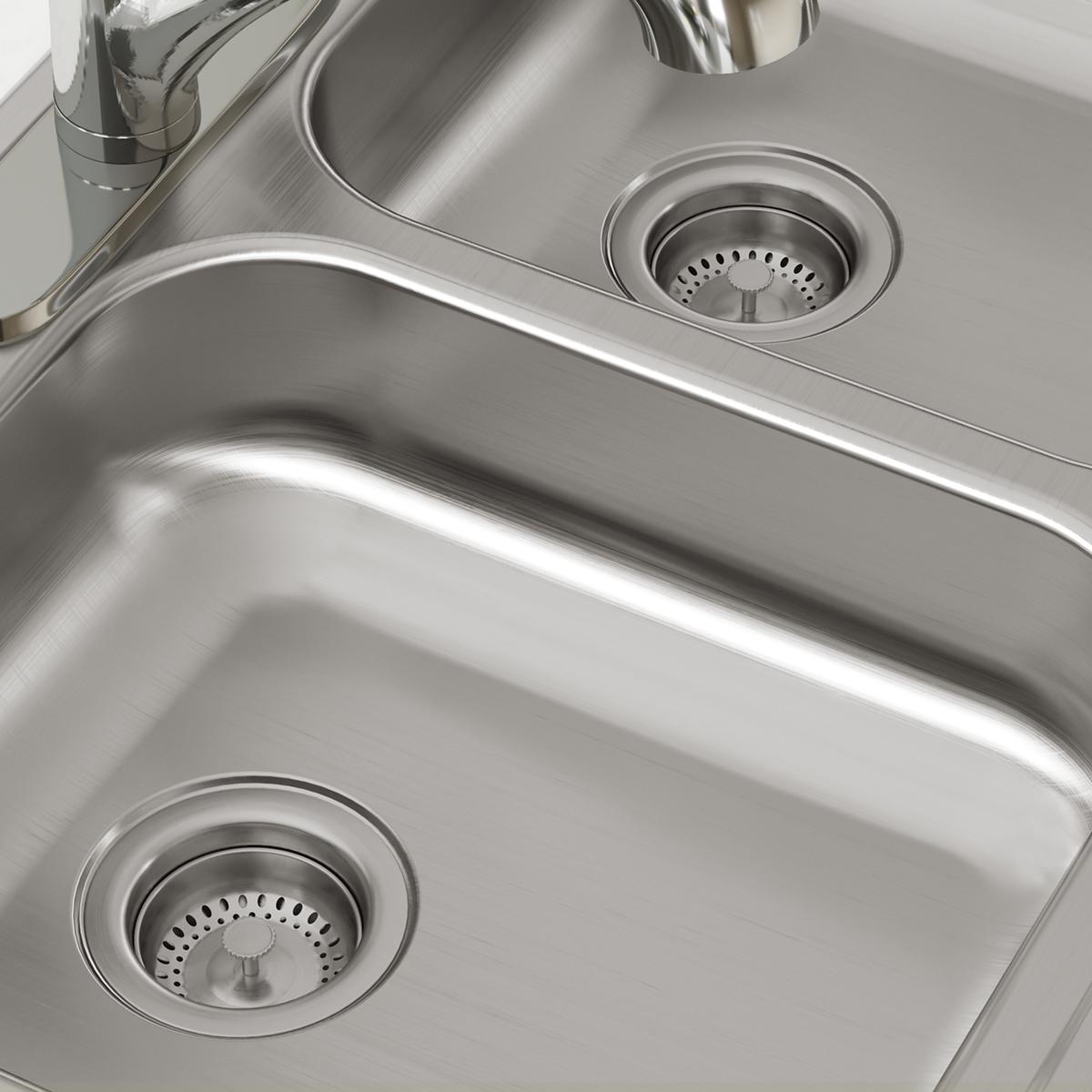 Stainless steel drop-in sink with two equal bowls and three holes, featuring strainers and brushed finish surface.
