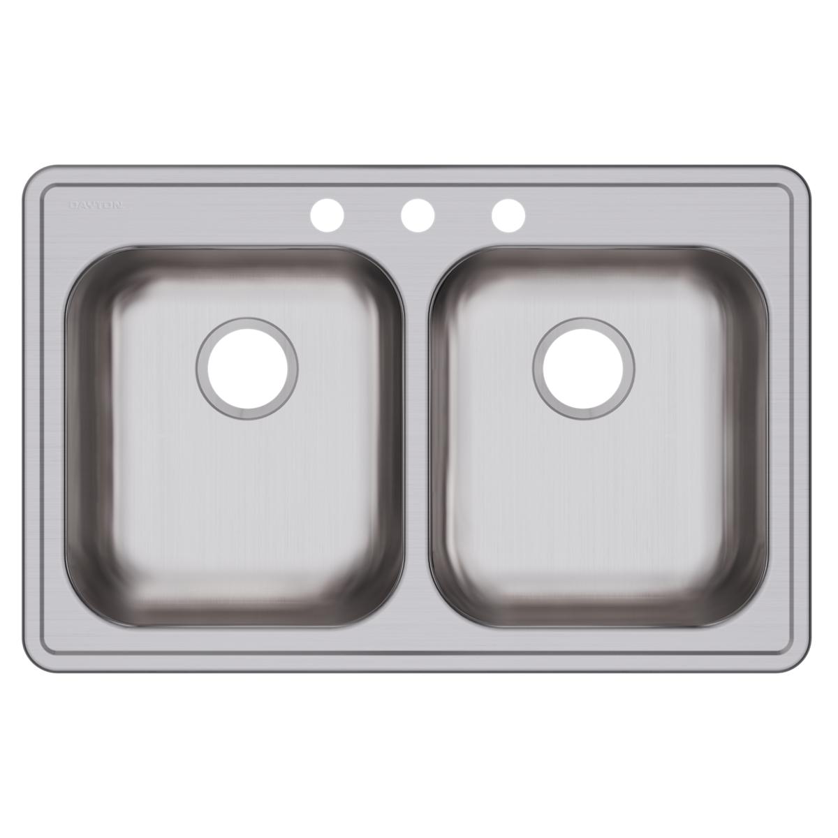 Stainless steel drop-in sink with two equal square bowls and three hole openings across the top rim.