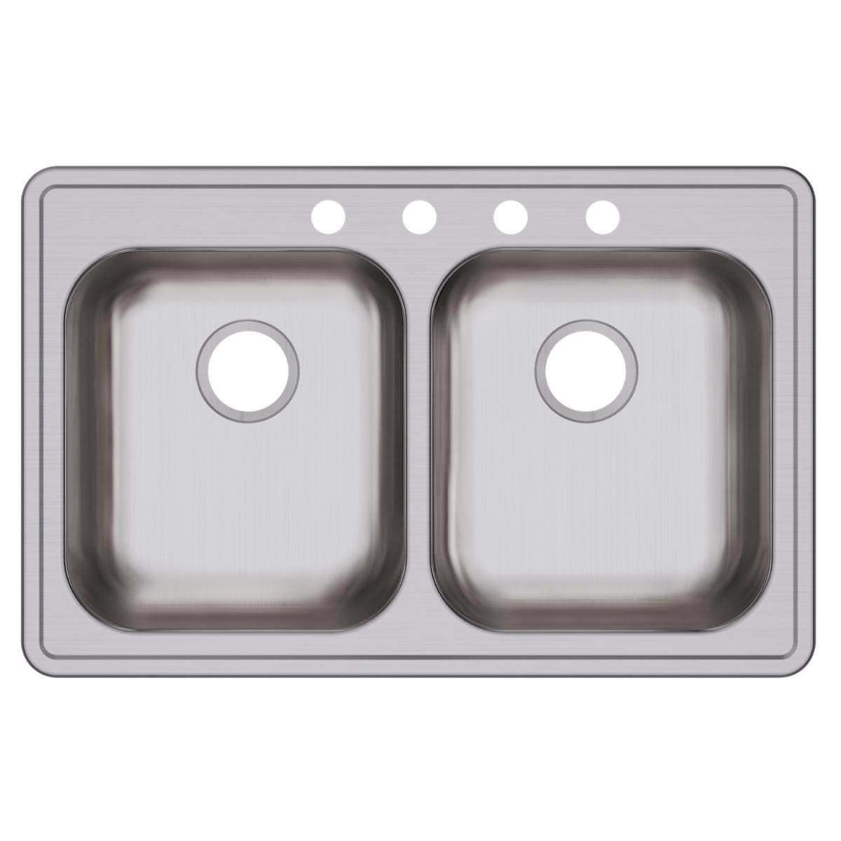 Stainless steel drop-in sink with two equal-sized bowls and four pre-drilled holes across the top rim.