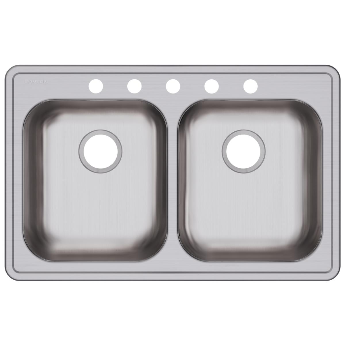 Stainless steel double bowl drop-in sink with five mounting holes across the rim and drain openings in each bowl.