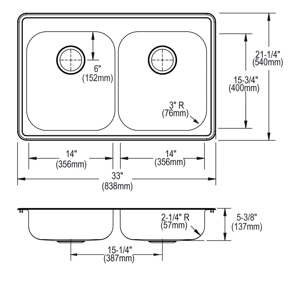 Elkay Dayton Stainless Steel 33" x 21-1/4" x 5-3/8" 3-Hole Equal Double Bowl Drop-in Sink