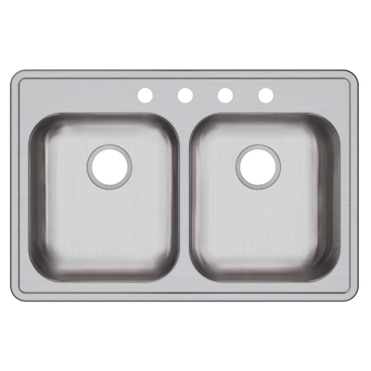 Stainless steel double bowl drop-in sink with two equal basins and four holes across the rim.