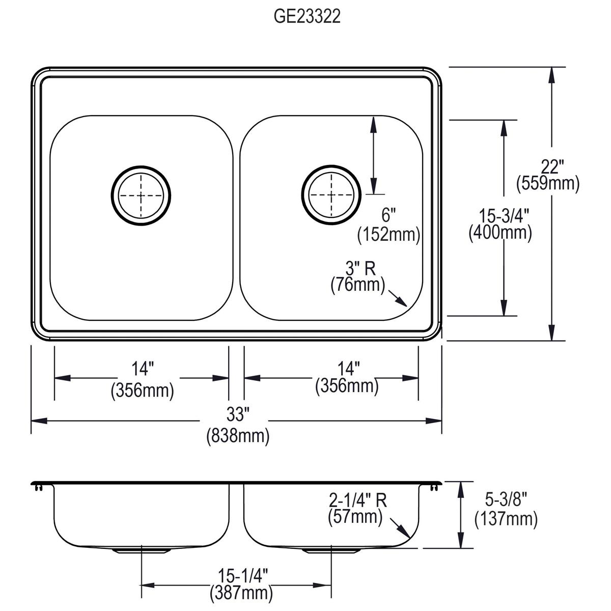 Elkay Dayton Stainless Steel 33" x 22" x 5-3/8" 1-Hole Equal Double Bowl Drop-in Sink