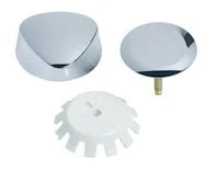 Chrome and white plastic bath waste overflow trim kit with three component parts.