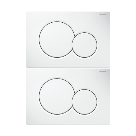 Two white rectangular toilet flush plates with large and small circular buttons arranged side by side.