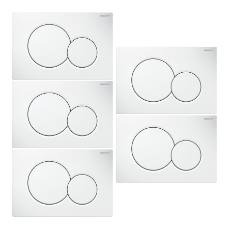 Five alpine white dual-flush toilet actuator plates, each with one large and one small circular button.