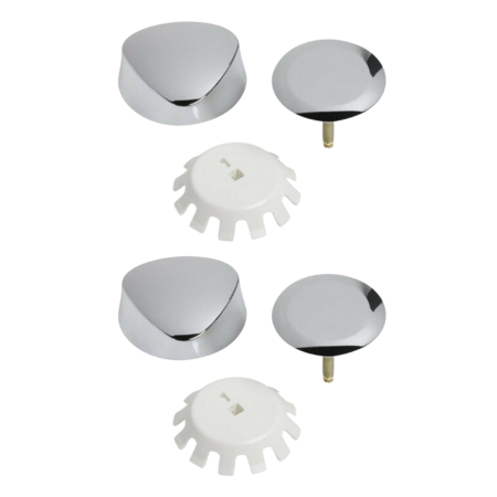 Two chrome trim sets with triangular and round control knobs and white plastic valve bodies.