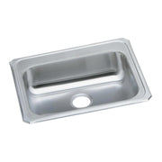 Stainless steel rectangular drop-in sink with single bowl and rounded corners, shown from above at an angle.