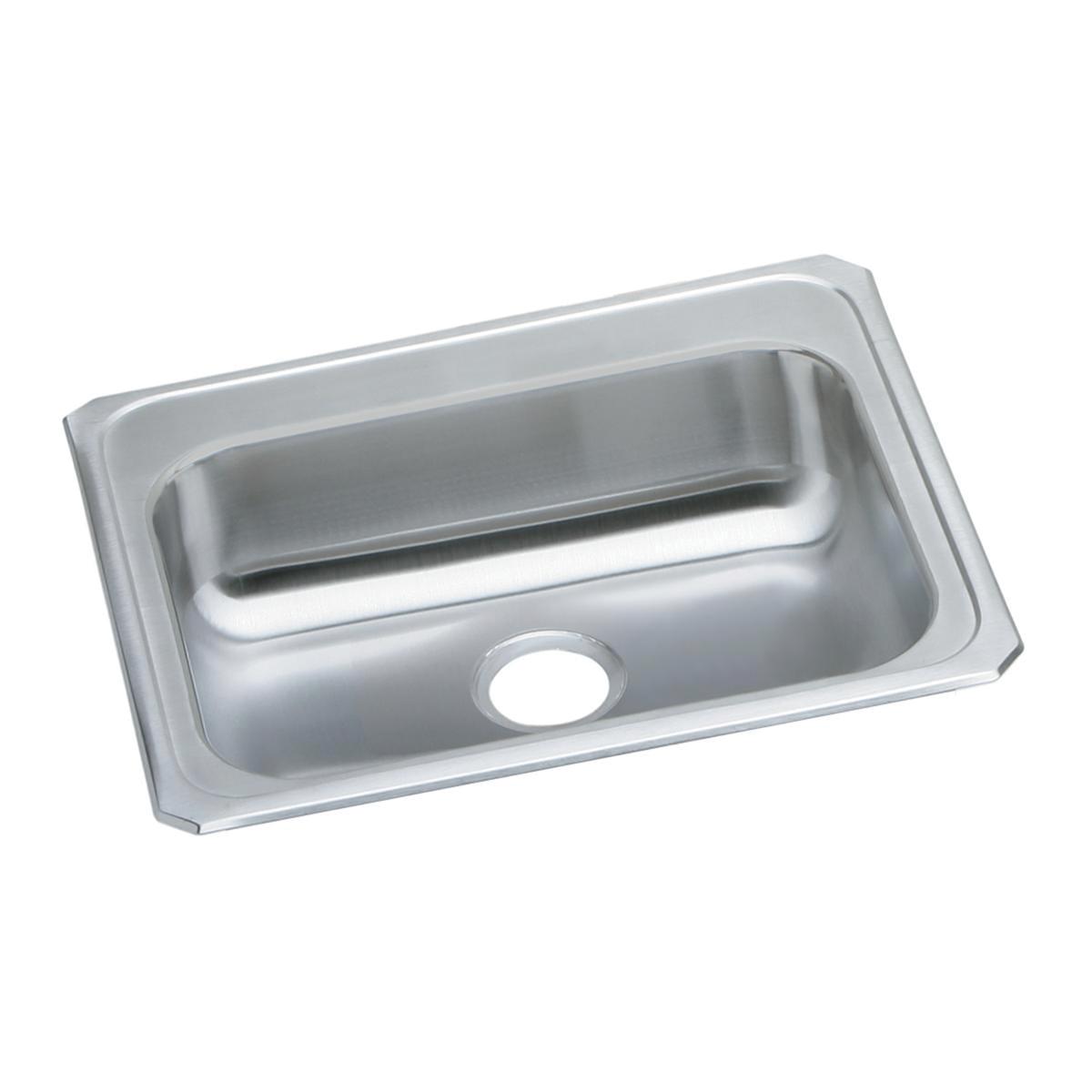 Stainless steel rectangular drop-in sink with single bowl and rounded corners, shown from above at an angle.