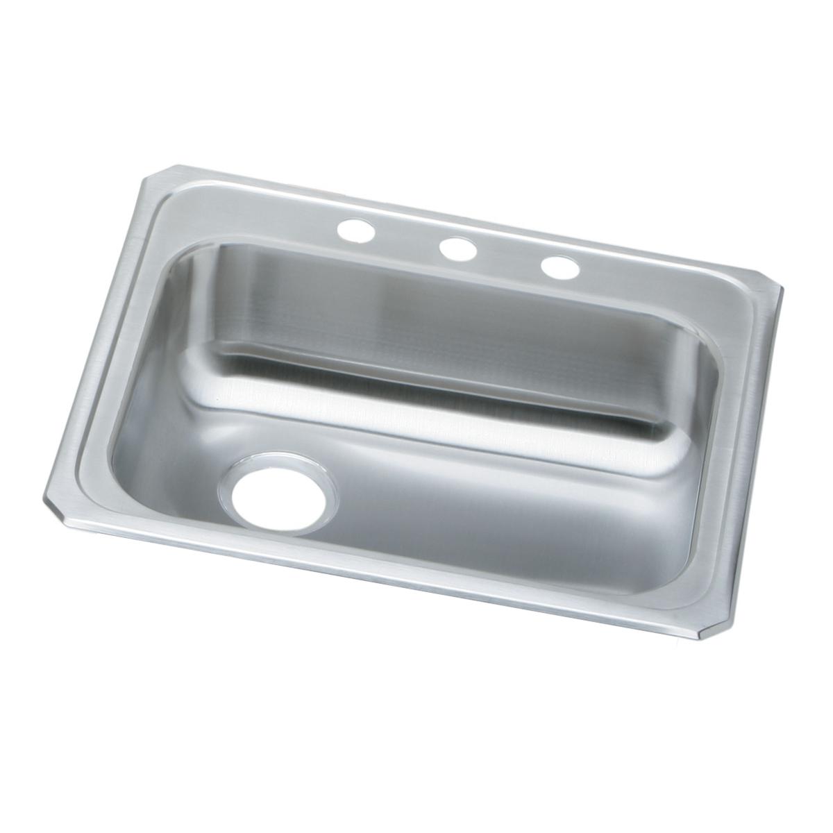 Stainless steel drop-in sink with single bowl, left drain opening, and three faucet holes on rim.