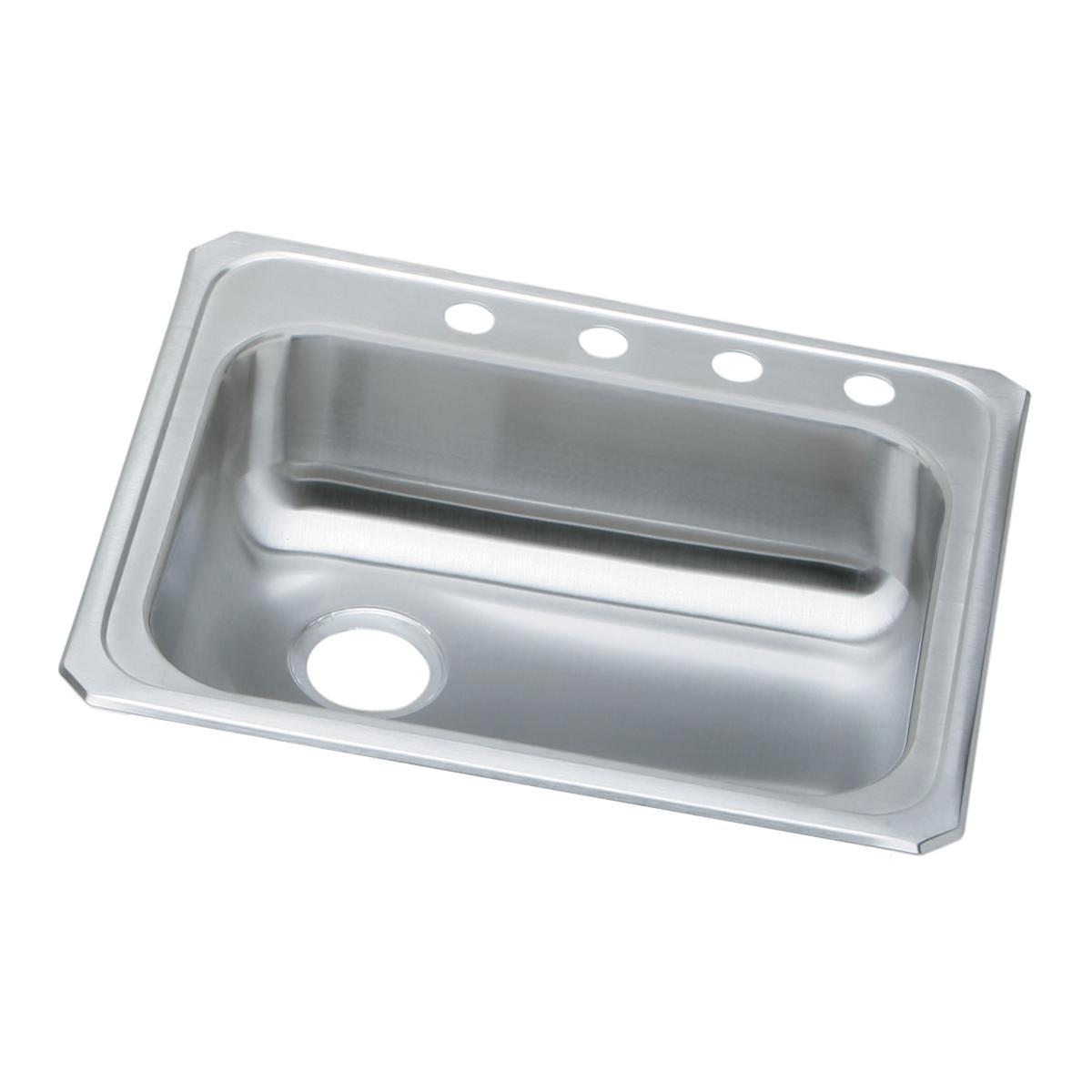 Stainless steel drop-in sink with single bowl, left drain opening, and four holes along the rim for faucet installation.