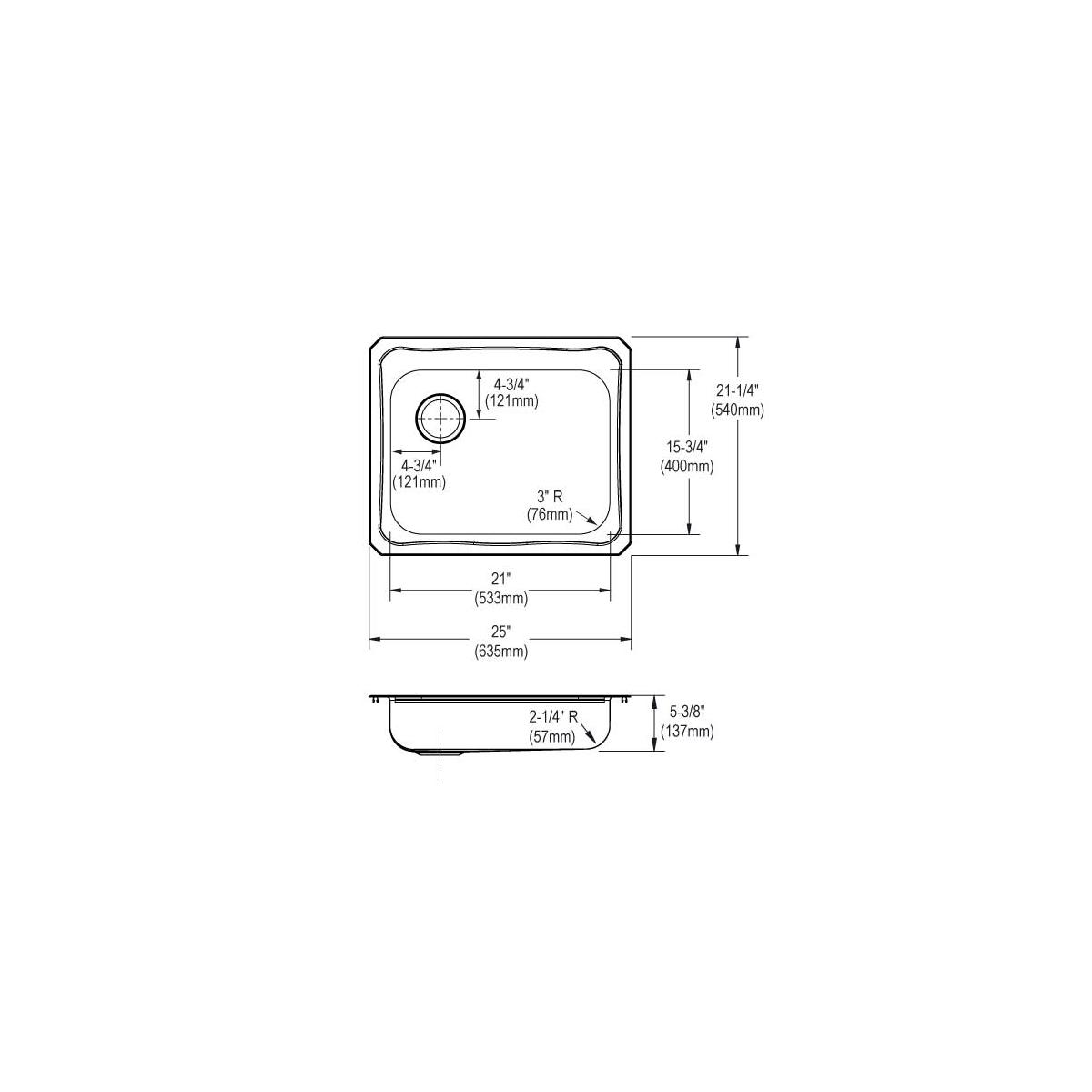 Stainless steel drop-in sink with single bowl, one faucet hole on left, and rounded corners, shown in top and side view with 